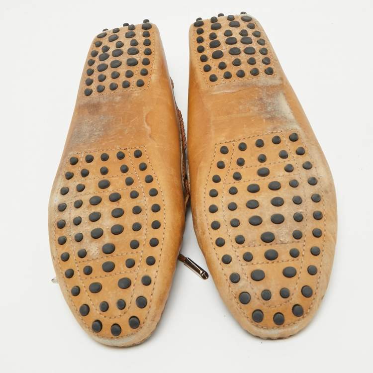 Pre Owned Tod's Brown Leather Gommino Bow Slip On Loafers Size 40