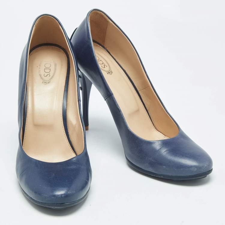 Pre Owned Tod's Navy Blue Leather Round Toe Pumps Size 39