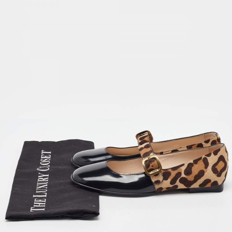 Pre Owned Tod's Black/Brown Leather and Leopard Print Calf Hair Mary Jane Ballet Flats Size 37.5