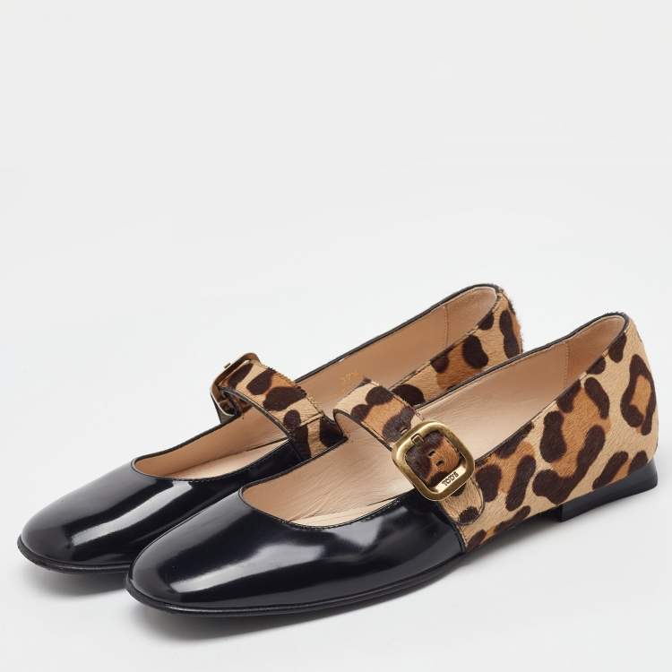 Pre Owned Tod's Black/Brown Leather and Leopard Print Calf Hair Mary Jane Ballet Flats Size 37.5