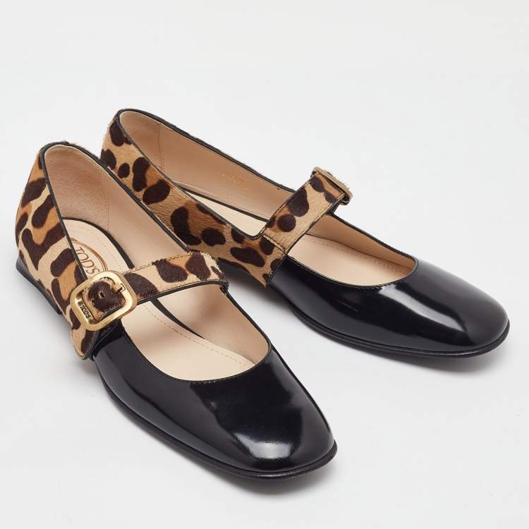 Pre Owned Tod's Black/Brown Leather and Leopard Print Calf Hair Mary Jane Ballet Flats Size 37.5