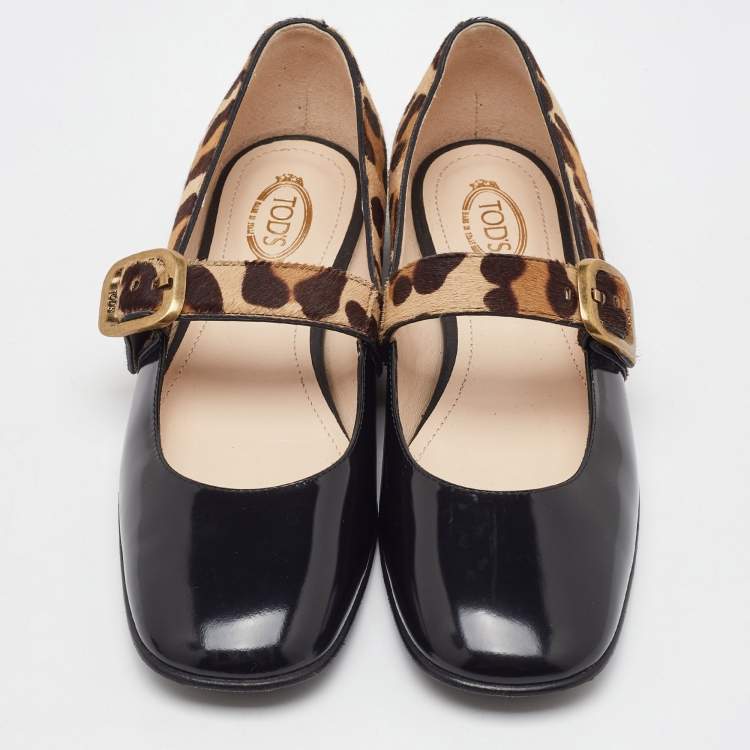 Pre Owned Tod's Black/Brown Leather and Leopard Print Calf Hair Mary Jane Ballet Flats Size 37.5