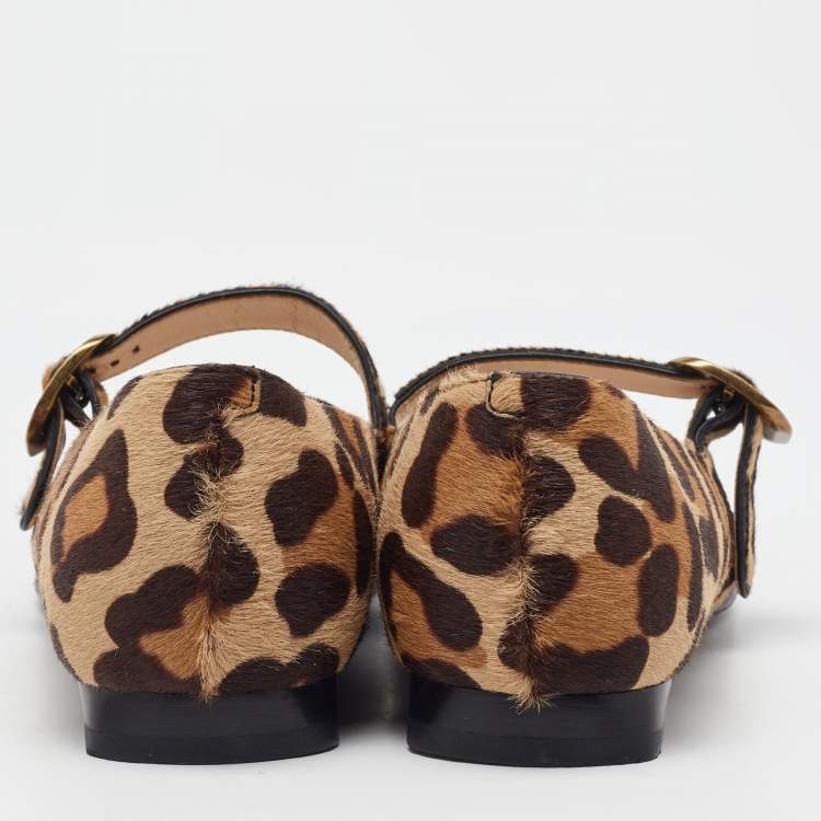 Pre Owned Tod's Black/Brown Leather and Leopard Print Calf Hair Mary Jane Ballet Flats Size 37.5