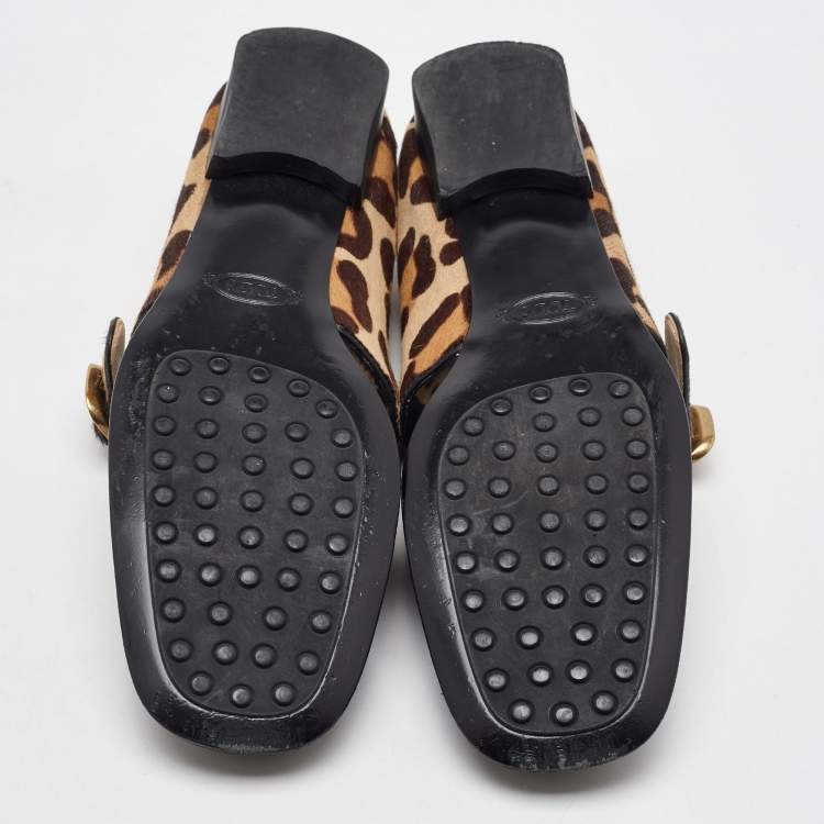 Pre Owned Tod's Black/Brown Leather and Leopard Print Calf Hair Mary Jane Ballet Flats Size 37.5