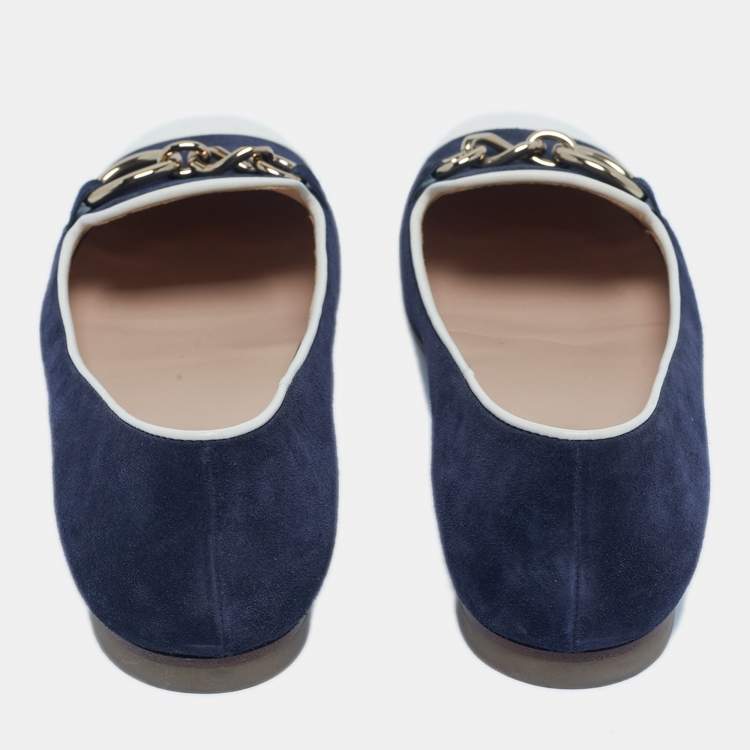 Pre Owned Tod's Navy Blue/White Suede and Leather Chain Cap Toe Ballet Flats Size 39