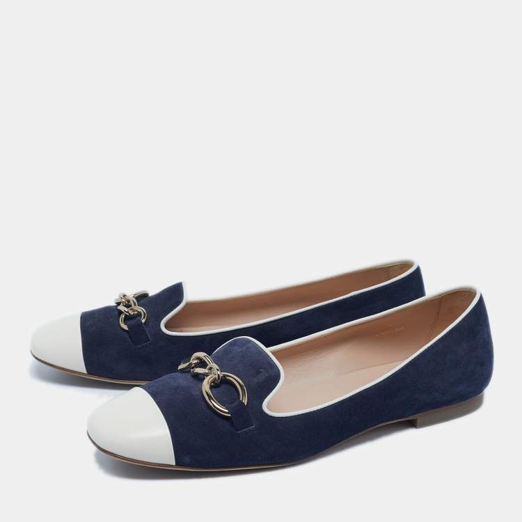 Pre Owned Tod's Navy Blue/White Suede and Leather Chain Cap Toe Ballet Flats Size 39