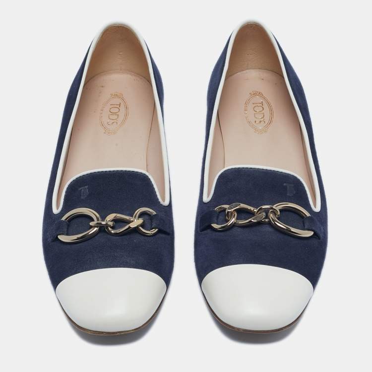 Pre Owned Tod's Navy Blue/White Suede and Leather Chain Cap Toe Ballet Flats Size 39