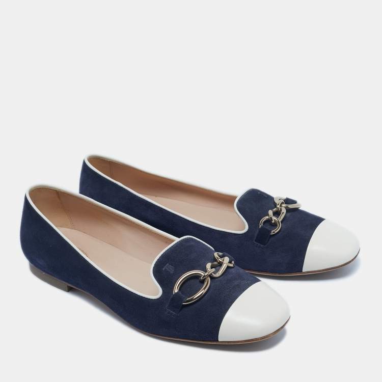 Pre Owned Tod's Navy Blue/White Suede and Leather Chain Cap Toe Ballet Flats Size 39