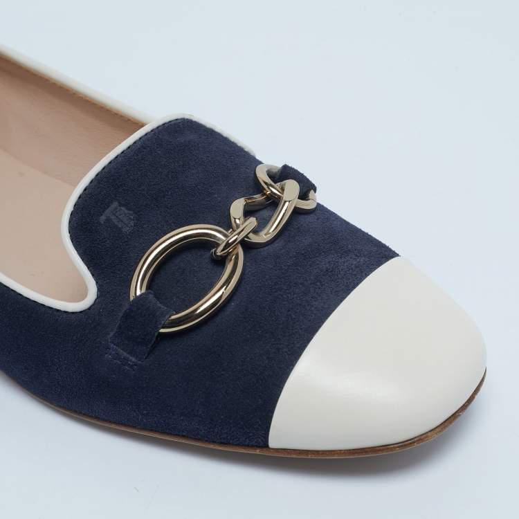 Pre Owned Tod's Navy Blue/White Suede and Leather Chain Cap Toe Ballet Flats Size 39
