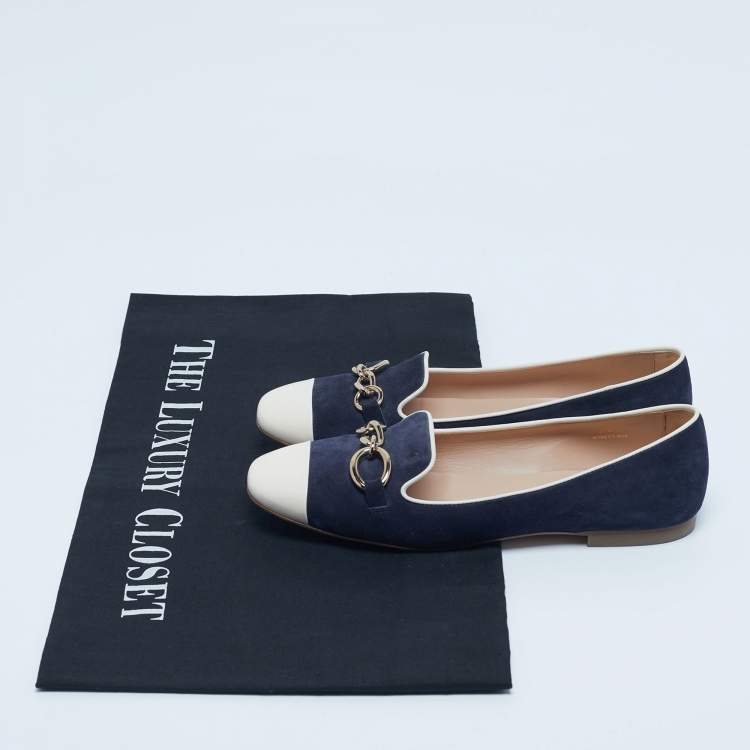 Pre Owned Tod's Navy Blue/White Suede and Leather Chain Cap Toe Ballet Flats Size 39