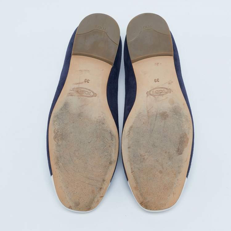 Pre Owned Tod's Navy Blue/White Suede and Leather Chain Cap Toe Ballet Flats Size 39