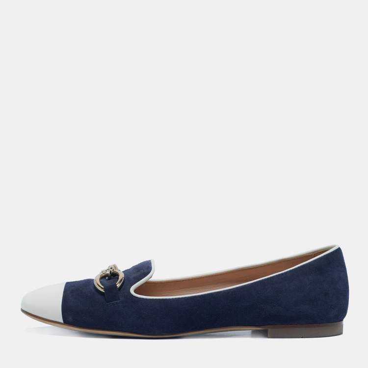 Pre Owned Tod's Navy Blue/White Suede and Leather Chain Cap Toe Ballet Flats Size 39