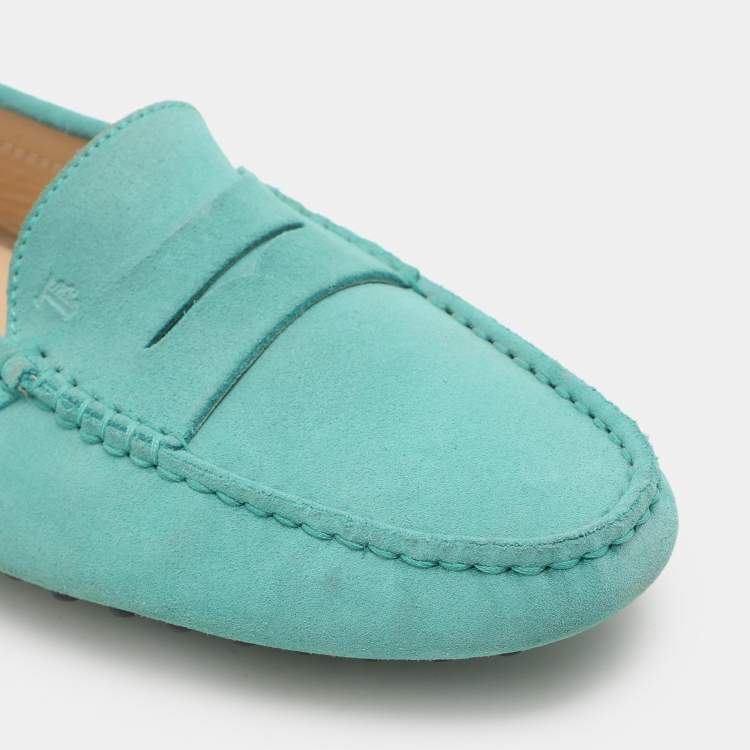 Pre Owned Tod's Turquoise Suede Penny Loafers Size 38