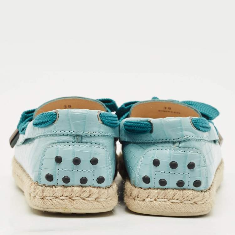 Pre Owned Tod's Blue Croc Embossed Leather Espadrille Loafers Size 39