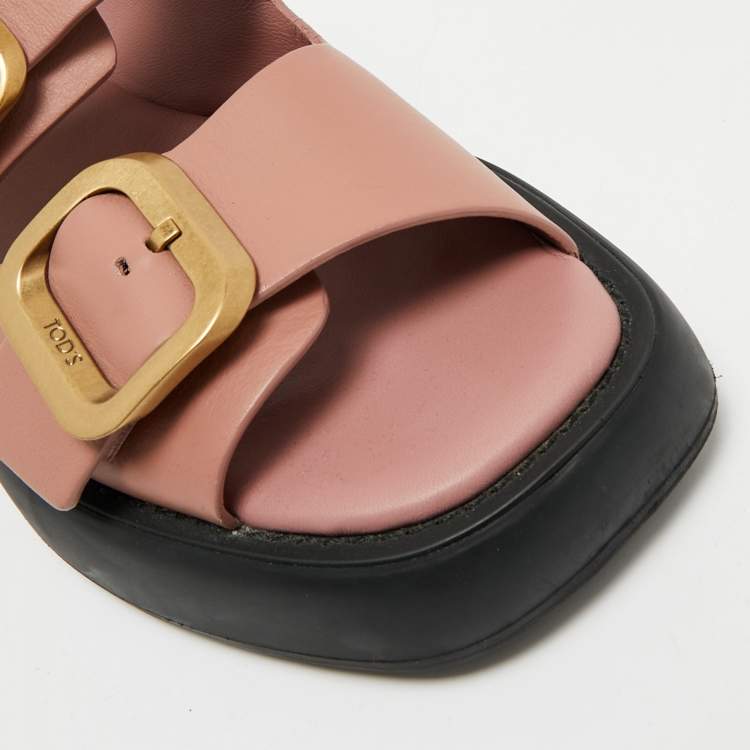 Pre Owned Tod's Dusty Pink Leather Double Buckle Chunky Sandals Size 39.5
