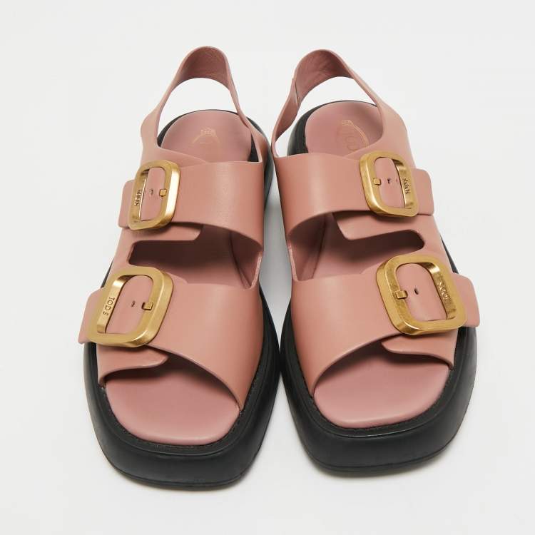 Pre Owned Tod's Dusty Pink Leather Double Buckle Chunky Sandals Size 39.5