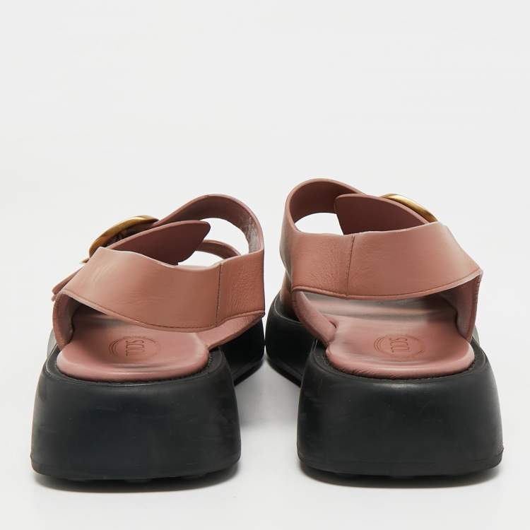 Pre Owned Tod's Dusty Pink Leather Double Buckle Chunky Sandals Size 39.5