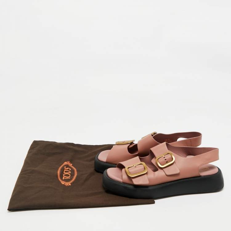 Pre Owned Tod's Dusty Pink Leather Double Buckle Chunky Sandals Size 39.5