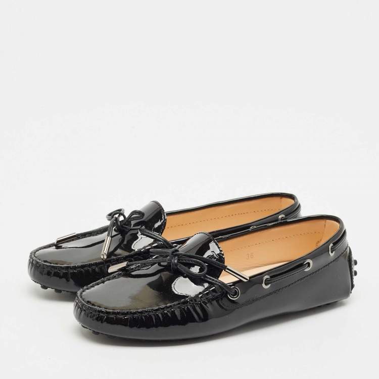 Pre Owned Tod's Black Patent Leather Bow Slip On Loafers Size 36