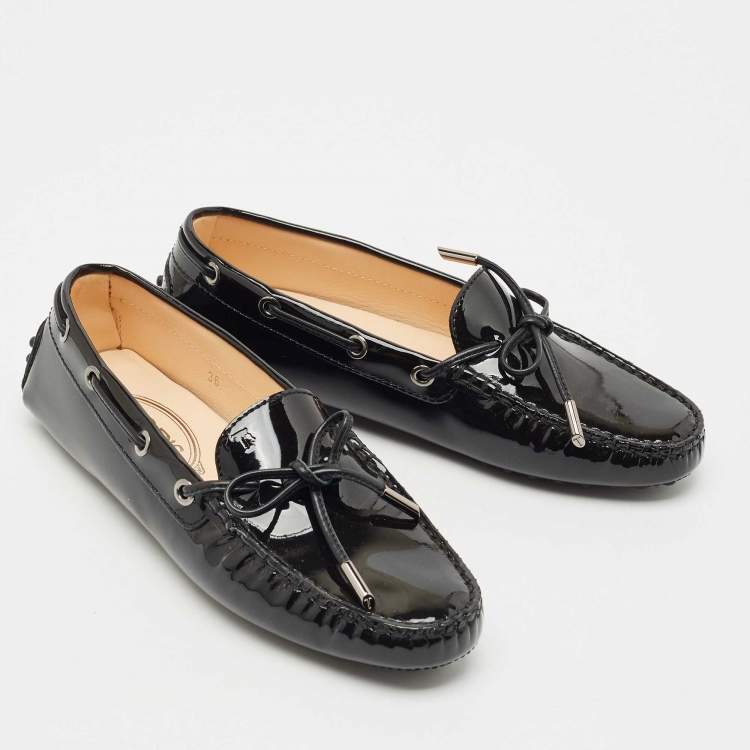 Pre Owned Tod's Black Patent Leather Bow Slip On Loafers Size 36