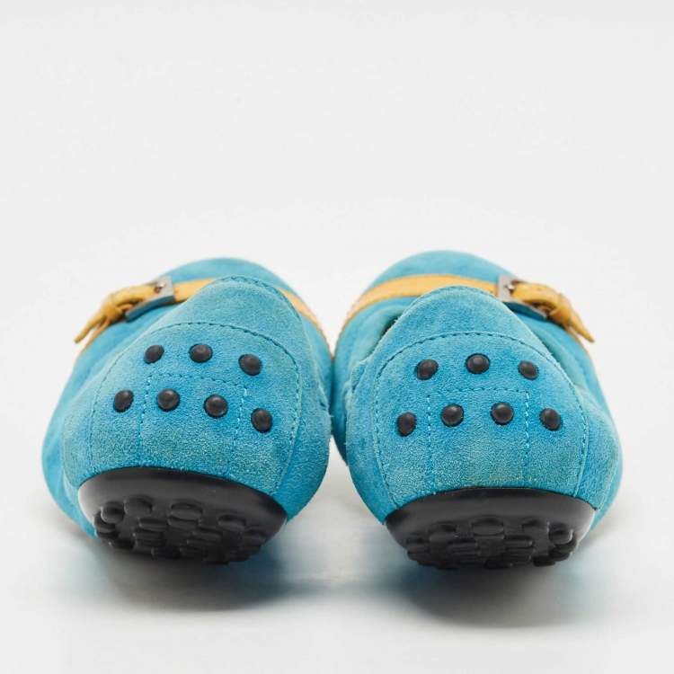 Pre Owned Tod's Blue/Yellow Suede and Patent Leather Trim Buckle Detail Scrunch Ballet Flats Size 36