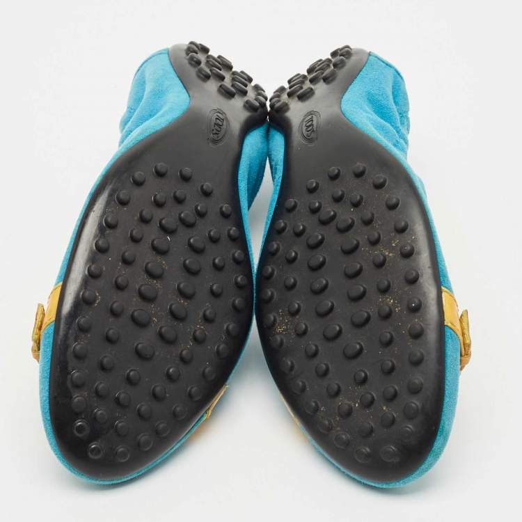 Pre Owned Tod's Blue/Yellow Suede and Patent Leather Trim Buckle Detail Scrunch Ballet Flats Size 36