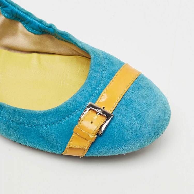 Pre Owned Tod's Blue/Yellow Suede and Patent Leather Trim Buckle Detail Scrunch Ballet Flats Size 36