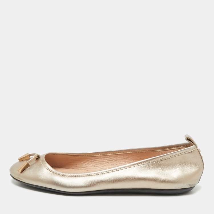Pre Owned Tod's Metallic Gold Leather Ballet Flats Size 39