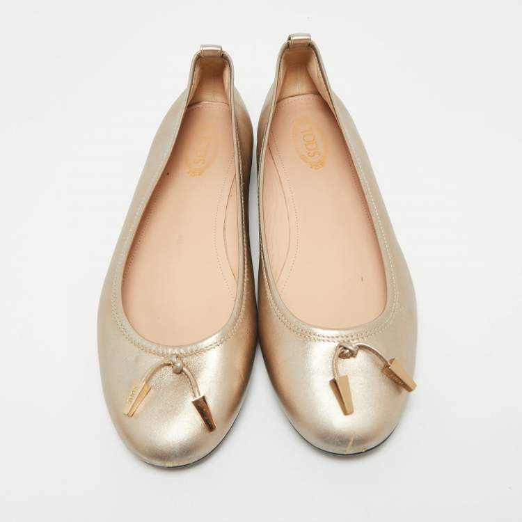 Pre Owned Tod's Metallic Gold Leather Ballet Flats Size 39