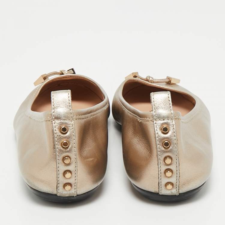 Pre Owned Tod's Metallic Gold Leather Ballet Flats Size 39