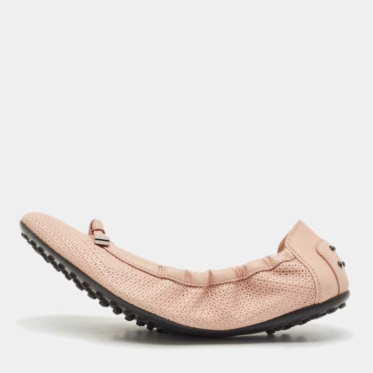 Pre Owned Tod's Light Pink Leather Bow Scrunch Ballet Flats Size 39