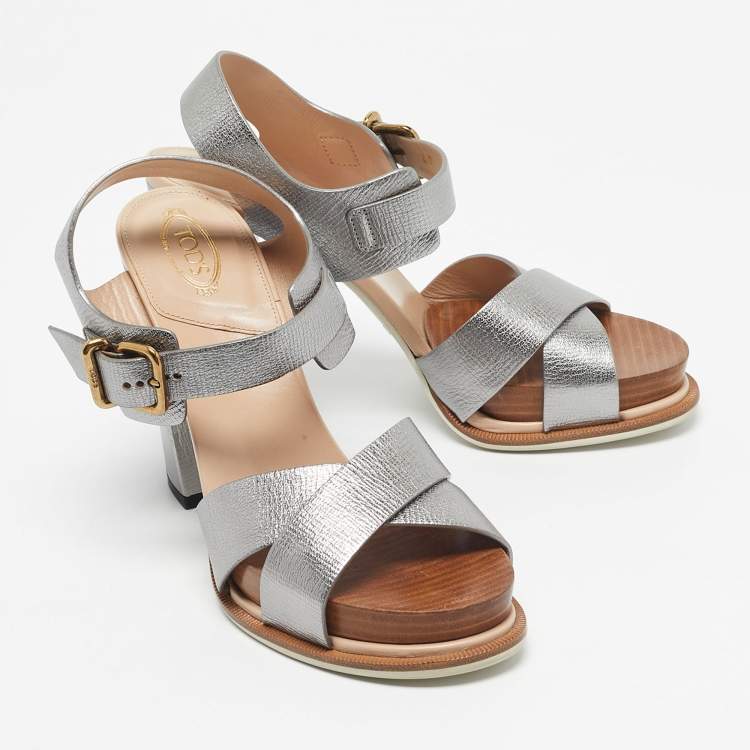 Pre Owned Tod's Silver Leather Ankle Strap Platform Sandals Size 40
