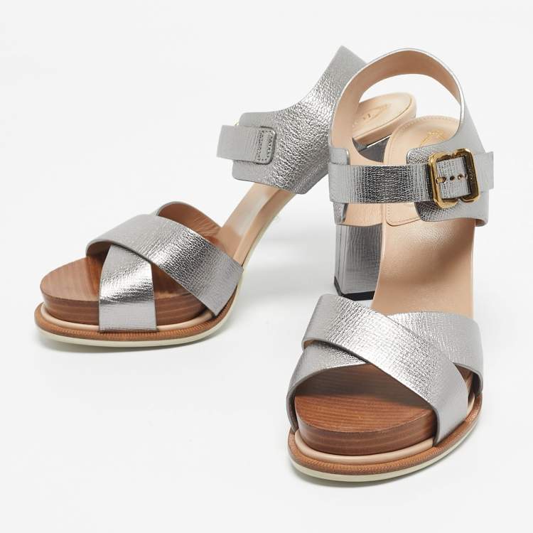 Pre Owned Tod's Silver Leather Ankle Strap Platform Sandals Size 40