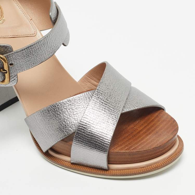 Pre Owned Tod's Silver Leather Ankle Strap Platform Sandals Size 40