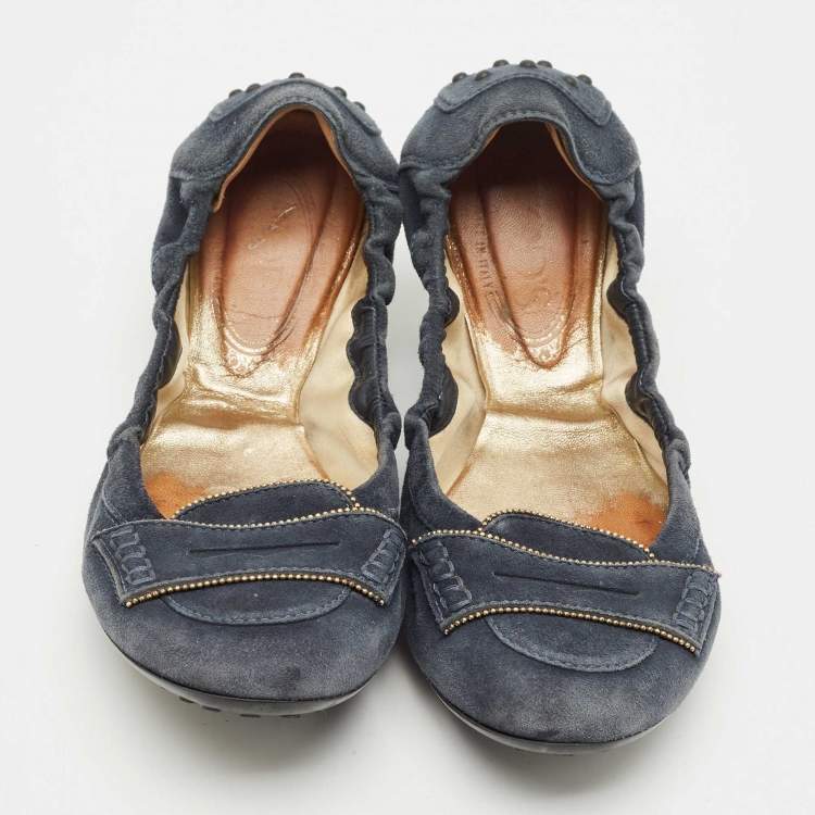 Pre Owned Tod's Blue Suede Buckle Scrunch Ballerina Flats Size 38.5