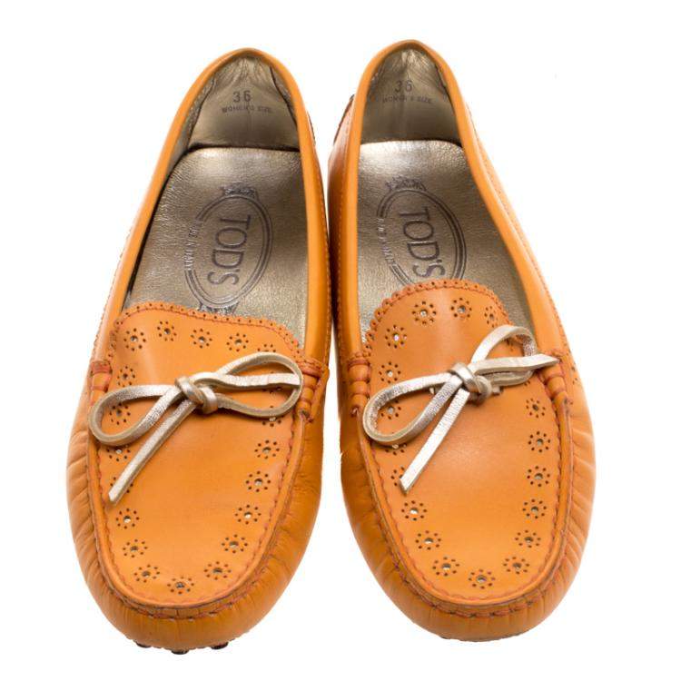 Pre Owned Tod's Orange Perforated Leather Bow Loafers Size 36