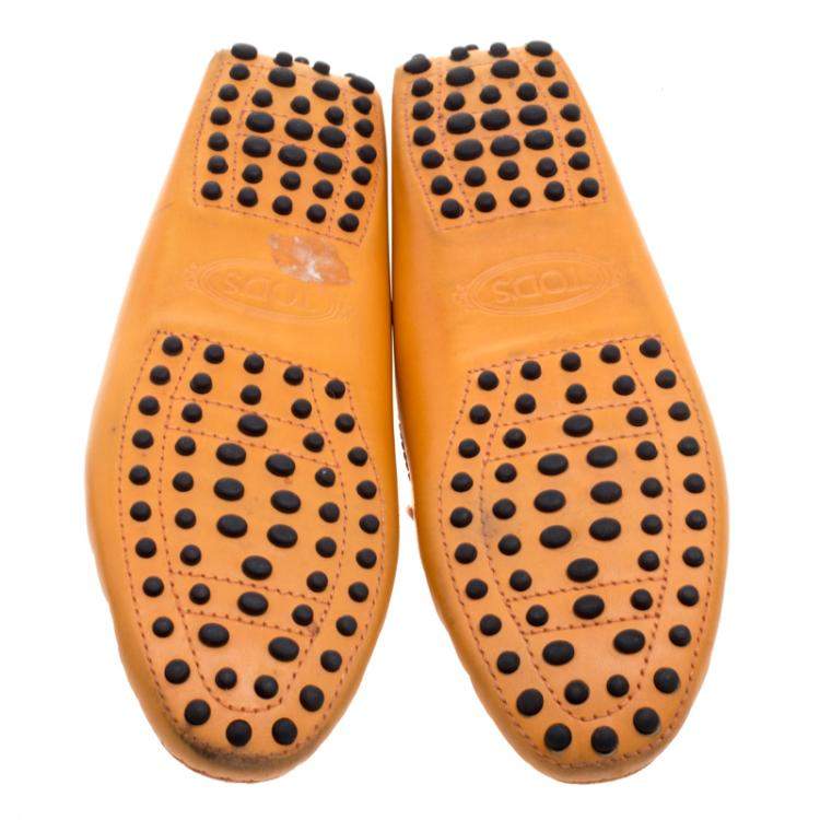 Pre Owned Tod's Orange Perforated Leather Bow Loafers Size 36