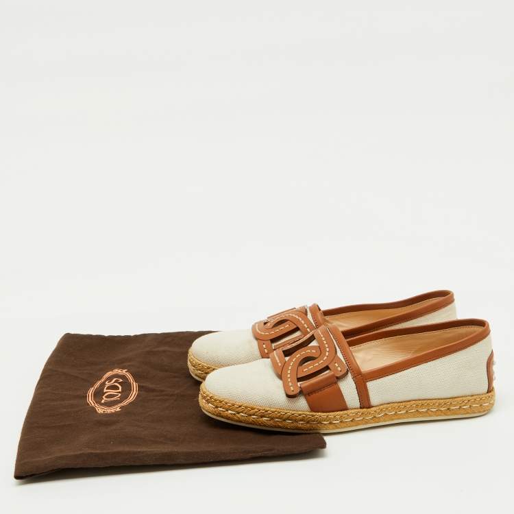 Pre Owned Tod's Beige/Brown Canvas and Leather Chain Detail Espadrille Flats Size 37.5