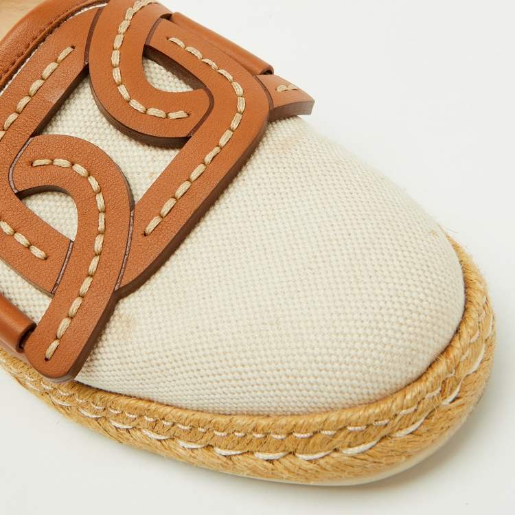 Pre Owned Tod's Beige/Brown Canvas and Leather Chain Detail Espadrille Flats Size 37.5