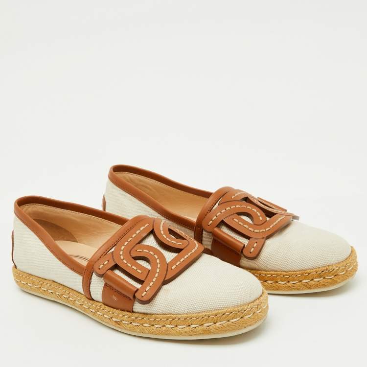 Pre Owned Tod's Beige/Brown Canvas and Leather Chain Detail Espadrille Flats Size 37.5
