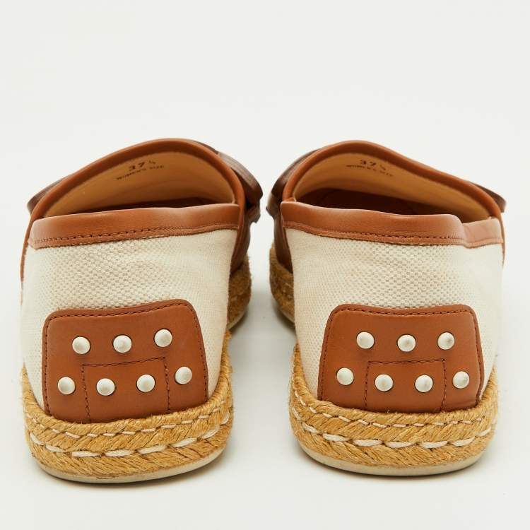 Pre Owned Tod's Beige/Brown Canvas and Leather Chain Detail Espadrille Flats Size 37.5