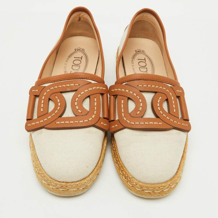 Pre Owned Tod's Beige/Brown Canvas and Leather Chain Detail Espadrille Flats Size 37.5