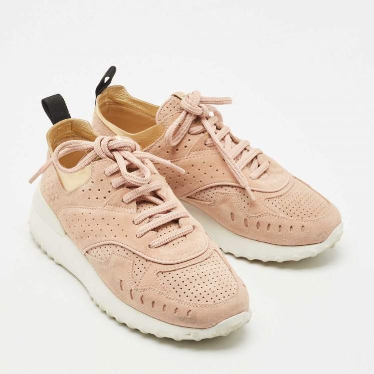 Pre Owned Tod's Pink Leather and Suede Sportivo Lace Up Sneakers Size 36