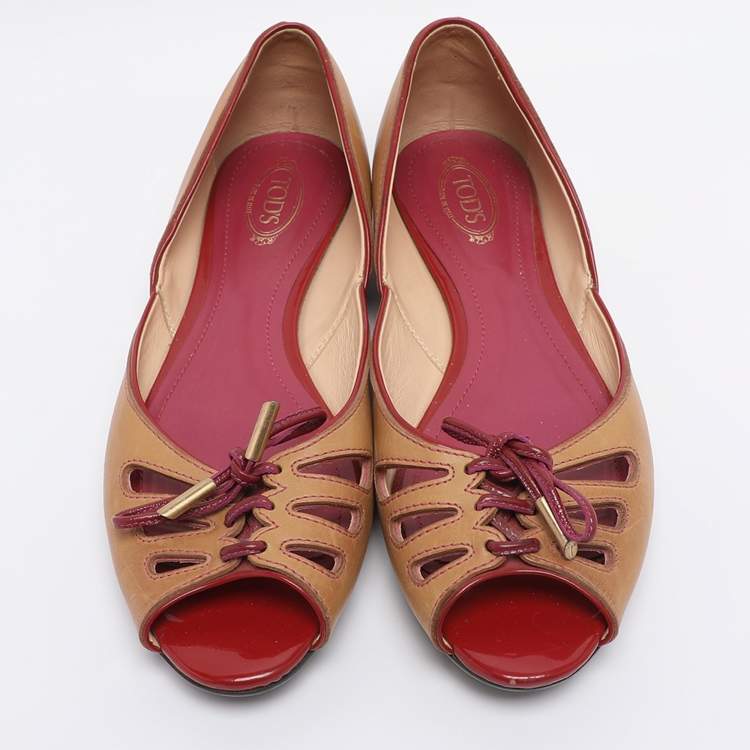 Pre Owned Tod's Beige/Burgundy Leather Bow Peep Toe Ballet Flats Size 39
