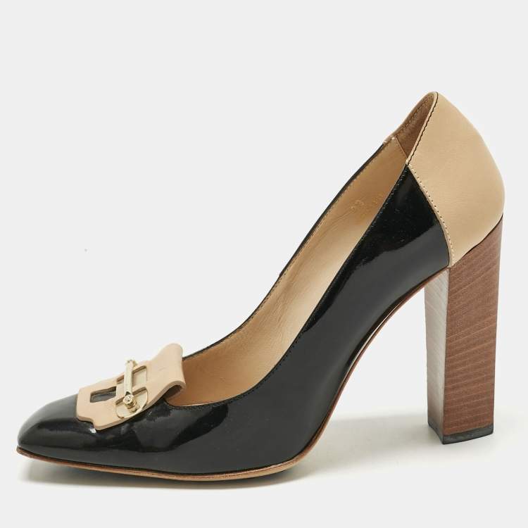 Pre Owned Tod's Black/Beige Patent Leather and Leather Block Heel Square Toe Pumps Size 39