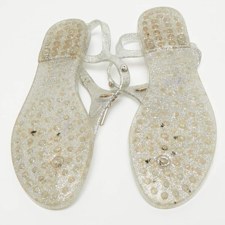 Pre Owned Tod's Silver Jelly Tassel Detail Thong Flat Sandals Size 36