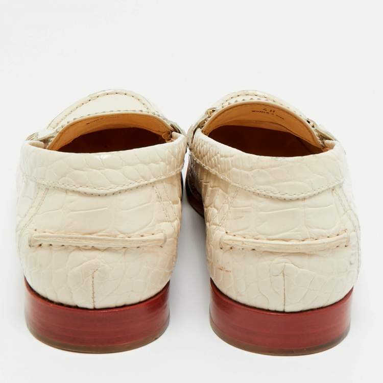 Pre Owned Tod's Cream Croc Embossed Leather Slip On Loafers Size 40