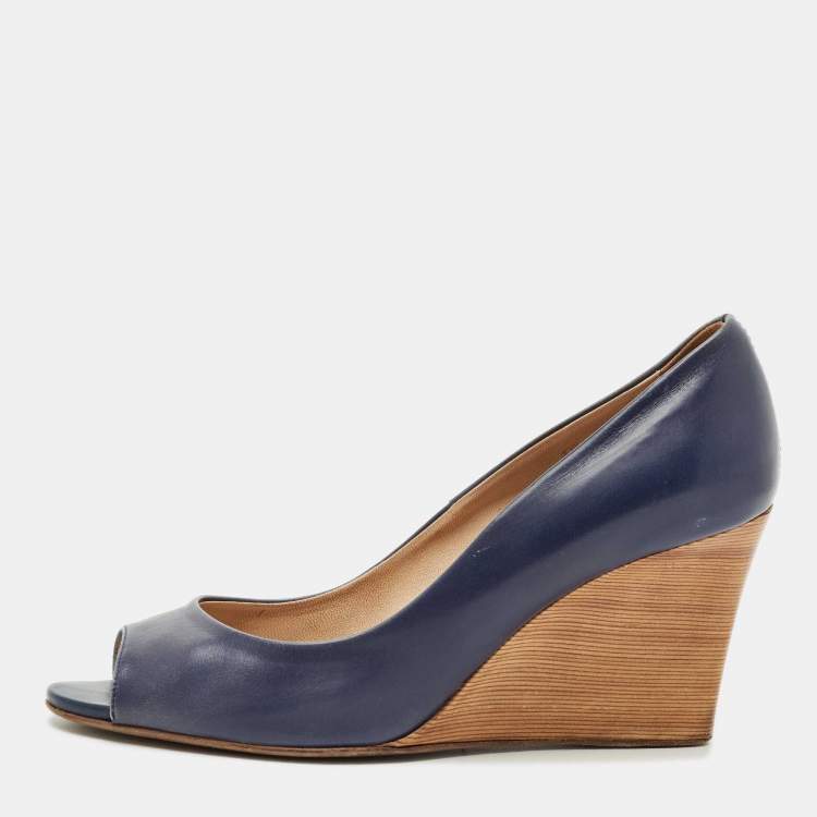 Pre Owned Tod's Blue Leather Wedge Pumps Size 38