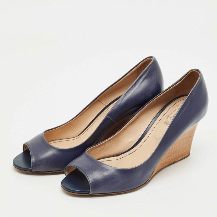 Pre Owned Tod's Blue Leather Wedge Pumps Size 38