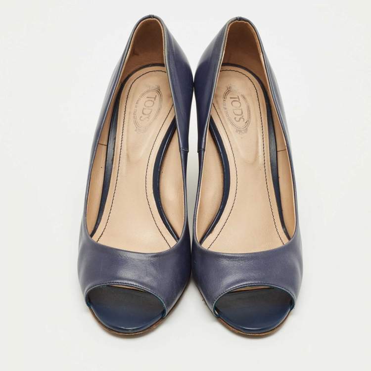 Pre Owned Tod's Blue Leather Wedge Pumps Size 38